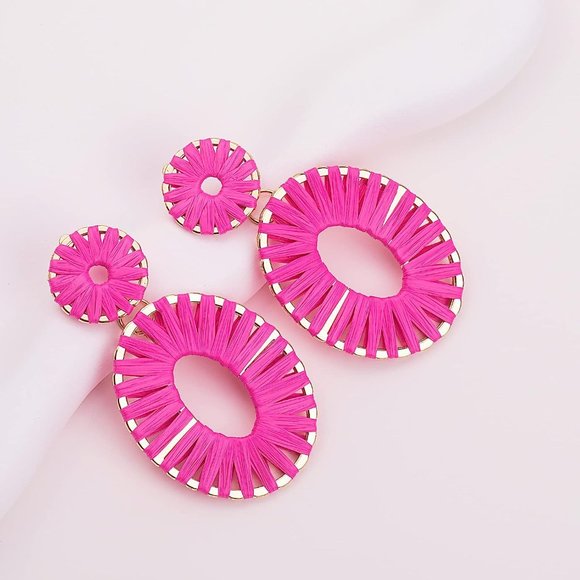 Statement Raffia Earrings Boho Drop Dangle Earrings for Women Handmade F… - Picture 7 of 16